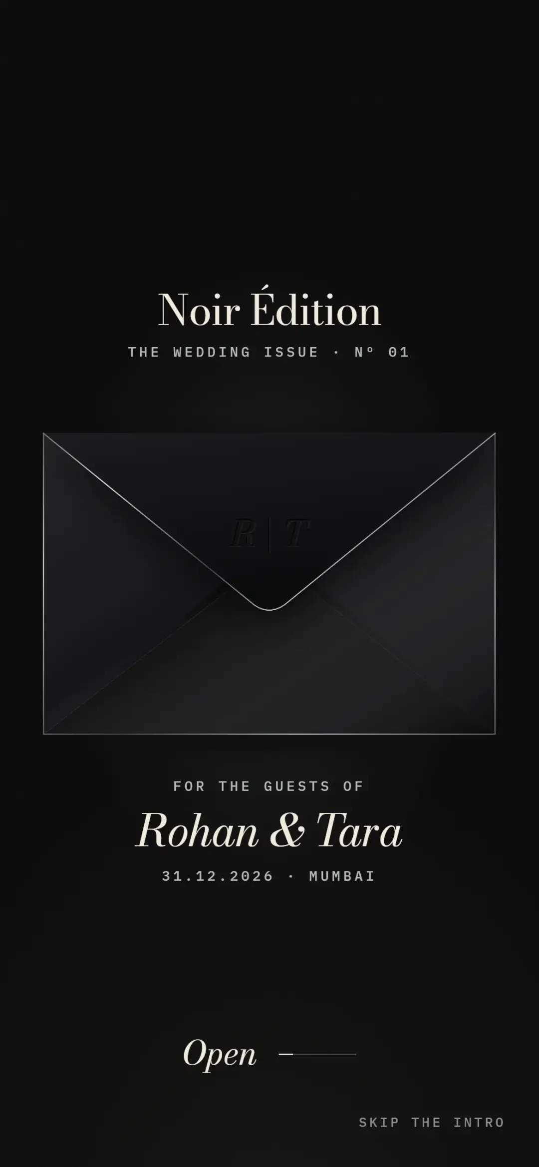 Noir Édition, a Wedding e-invite for Mumbai: opening screen