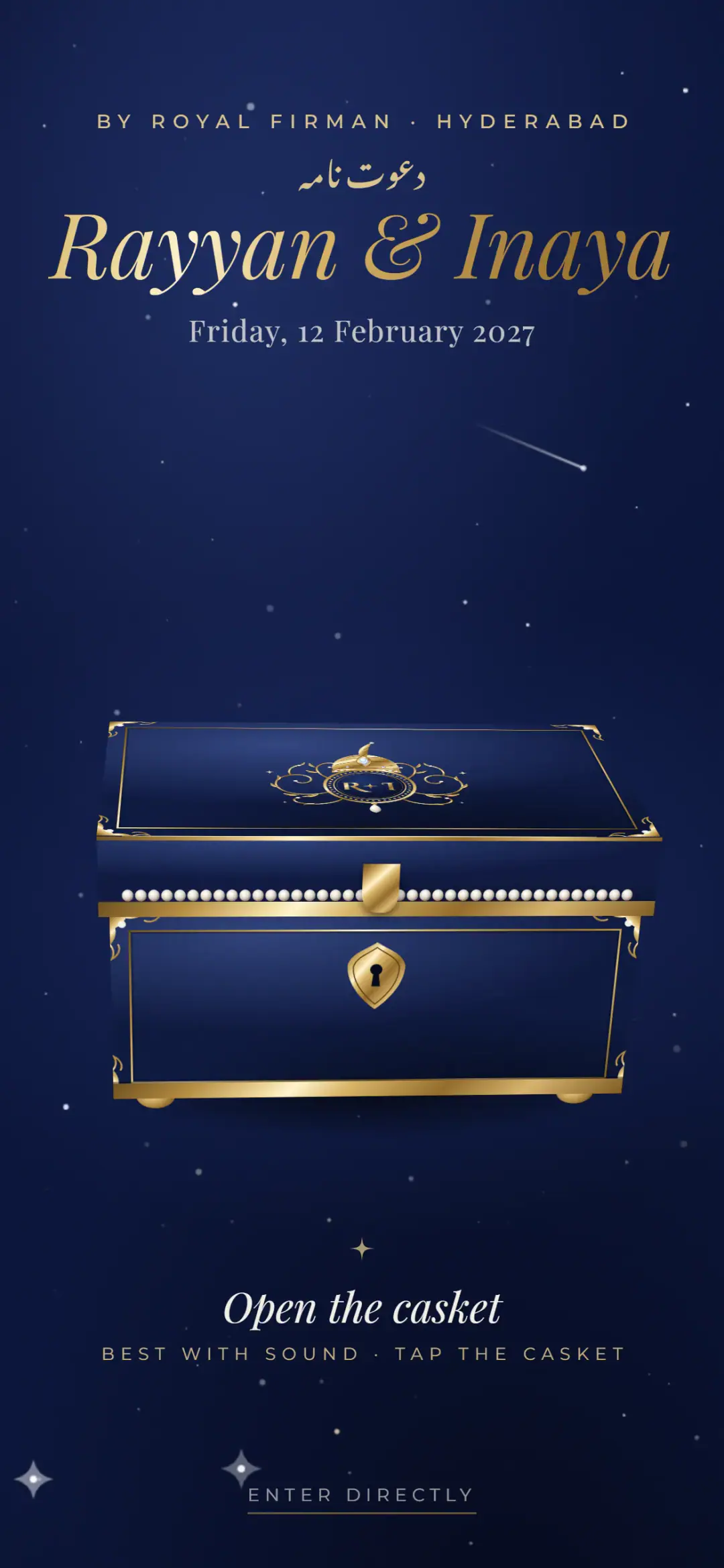 Qasr-e-Falak, a Shaadi e-invite for Hyderabad: opening screen